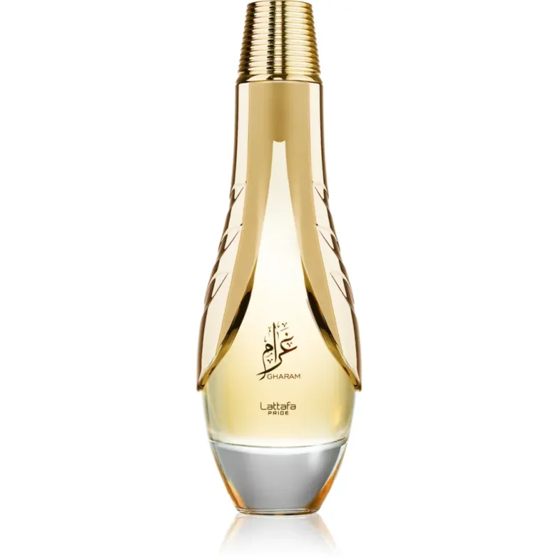 Gouden Lattafa Pride Gharam Eau de Parfum fles met arabisch schrift