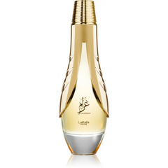 Gouden Lattafa Pride Gharam Eau de Parfum fles met arabisch schrift