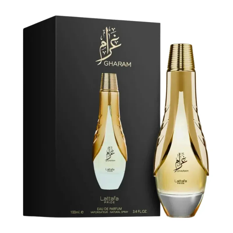 Gouden en witte Lattafa Pride Gharam Eau de Parfum 100 ml fles