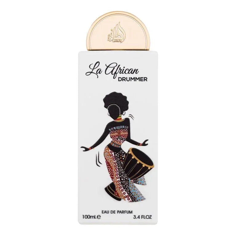 Lattafa Pride La African Drummer parfumfles, wit met zwart en goud, 3.4 oz