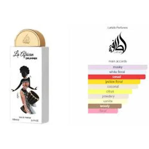 Lattafa Pride La African Drummer parfumfles met vrouw drummer illustratie en geurprofiel