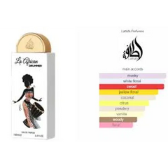 Lattafa Pride La African Drummer parfumfles met vrouw drummer illustratie en geurprofiel