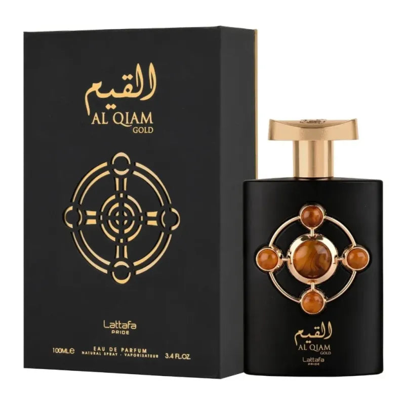 Elegante Lattafa Pride Parfum al Qiam Gold, zwarte gouden 100ml fles