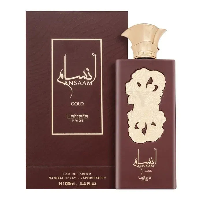 Bruine Lattafa Pride Parfum Ansaam Gold fles met gouden dop en Arabische kalligrafie