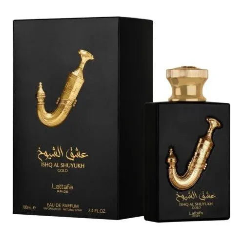 Gouden zwarte Lattafa Pride Parfum Ishq al Shuyukh Gold fles met Arabisch schrift