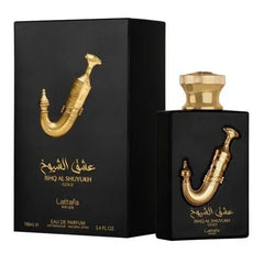 Gouden zwarte Lattafa Pride Parfum Ishq al Shuyukh Gold fles met Arabisch schrift