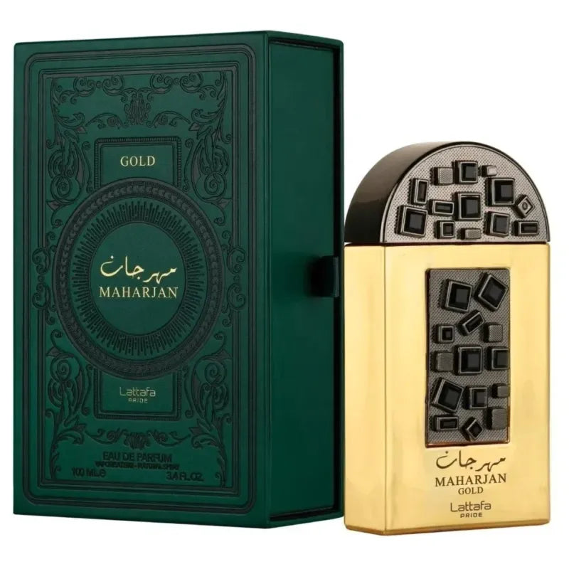 Luxe Lattafa Pride Parfum Maharjan Gold flacon met Arabische tekst en gouden patronen