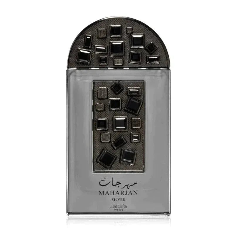 Zilveren Lattafa Pride Parfum Maharjan Silver flacon met geometrisch patroon en Arabische tekst
