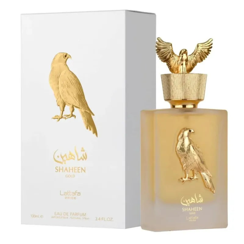 Lattafa Pride Parfum Shaheen Gold fles met gouden adelaar dop