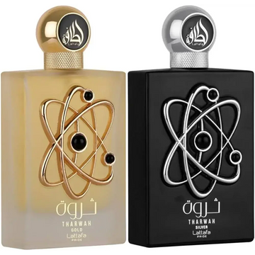 Twee elegante lattafa tharwah parfumflessen, één doorschijnend goud met gouden atoomdesign, één zwart met zilver design