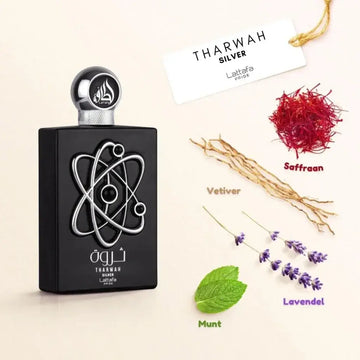 Lattafa pride parfum tharwah silver zwarte rechthoekige parfumfles met zilveren atoom symbool en metalen dop