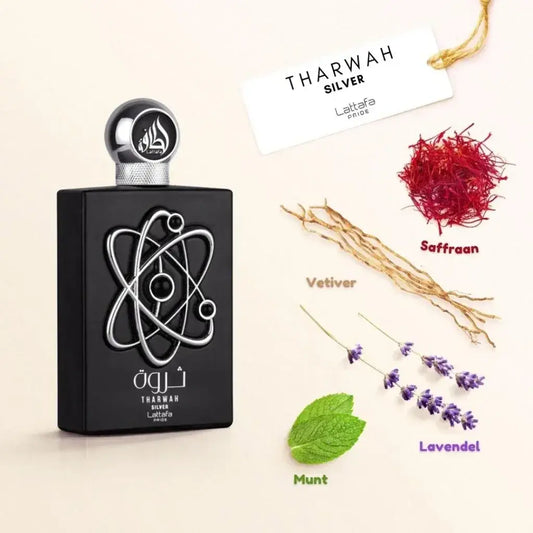 Lattafa pride parfum tharwah silver zwarte rechthoekige parfumfles met zilveren atoom symbool en metalen dop