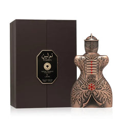 Bronzen riddervormige fles en doos van Lattafa Pride Toleen parfum product