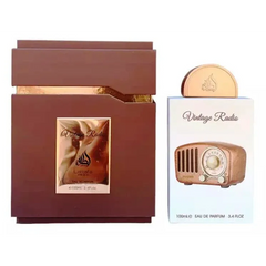 Vintage radio parfumfles Lattafa Pride met gouden accenten en bruine doos