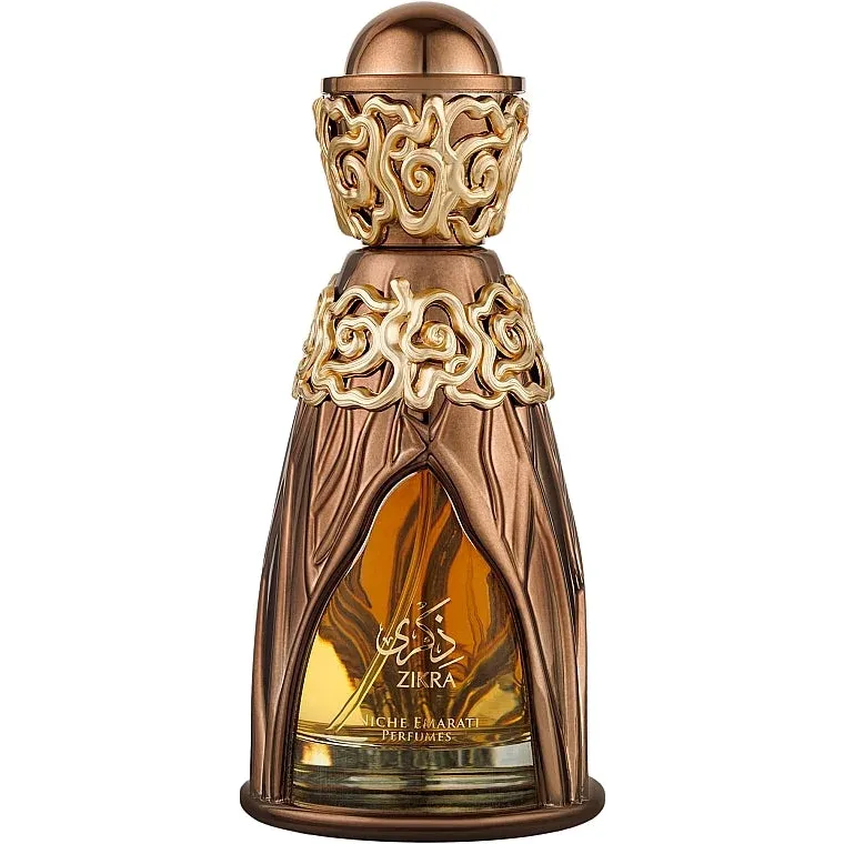 Ornate bronzen parfumflesje van Lattafa Pride Zikra voor luxe geurervaring