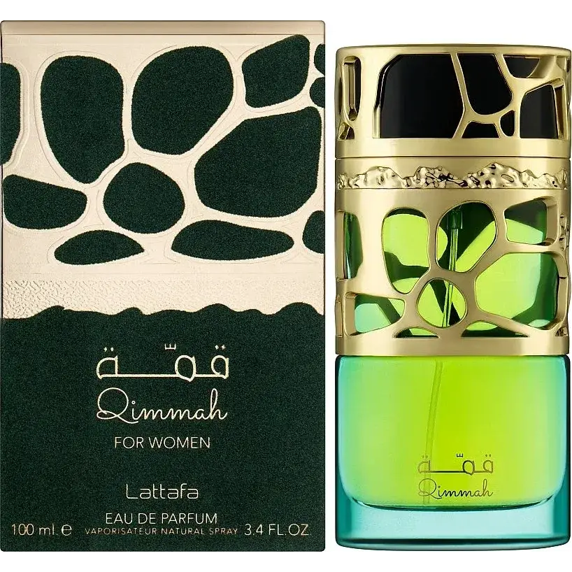 Groen en teal glazen parfumfles met goudkleurige geometrische dop en band lattafa qimmah women