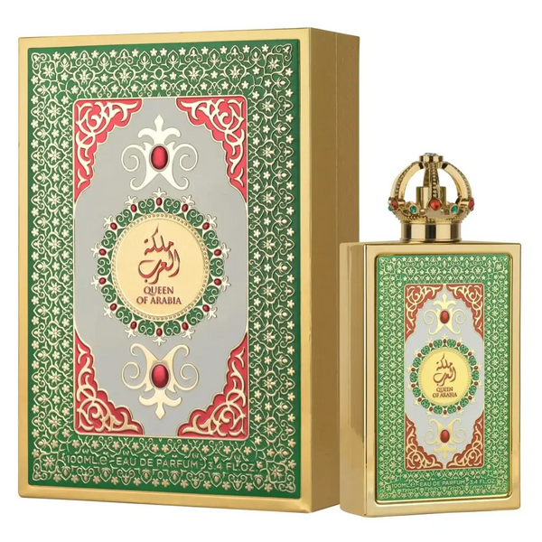 Lattafa queen of arabia gouden rechthoekige parfumfles met ingewikkeld groen en rood ornament en kroonvormige dop