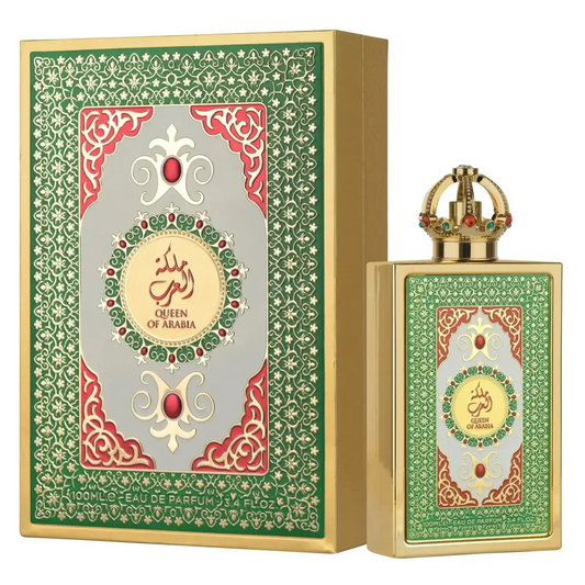 Lattafa queen of arabia gouden rechthoekige parfumfles met ingewikkeld groen en rood ornament en kroonvormige dop