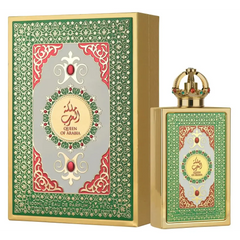 Lattafa queen of arabia gouden rechthoekige parfumfles met ingewikkeld groen en rood ornament en kroonvormige dop
