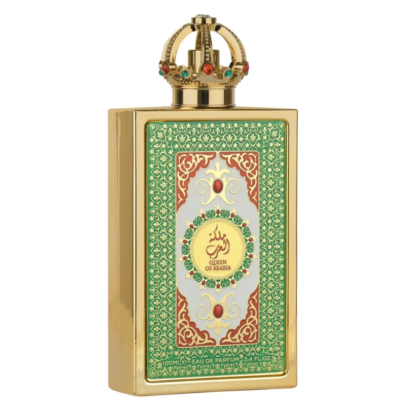 Lattafa Queen of Arabia EDP 100ml goudkleurige parfumfles met kroon en Arabische kalligrafie