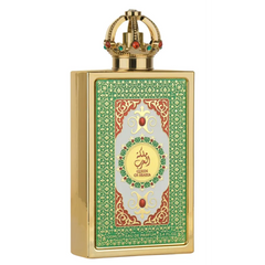 Lattafa Queen of Arabia EDP 100ml goudkleurige parfumfles met kroon en Arabische kalligrafie
