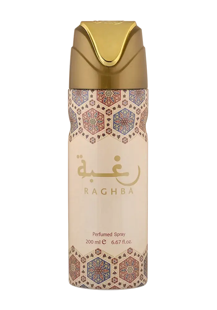 Gouden Raghba deodorant spray met geometrische Arabische patronen op de verpakking