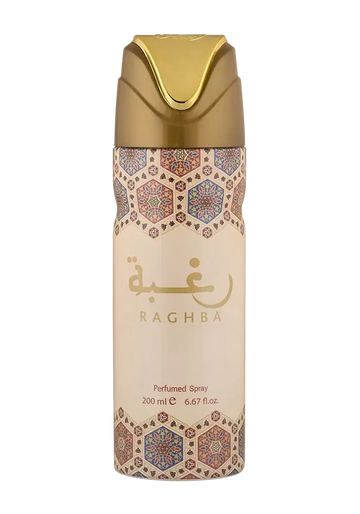 Gouden Raghba deodorant spray met geometrische Arabische patronen op de verpakking