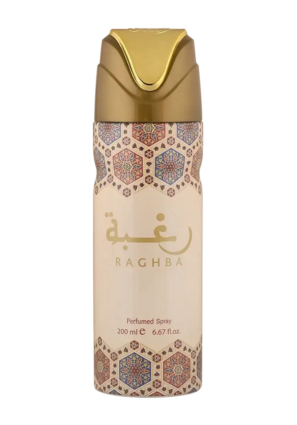 Gouden Raghba deodorant spray met geometrische Arabische patronen op de verpakking