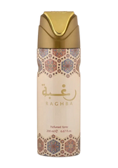 Gouden Raghba deodorant spray met geometrische Arabische patronen op de verpakking