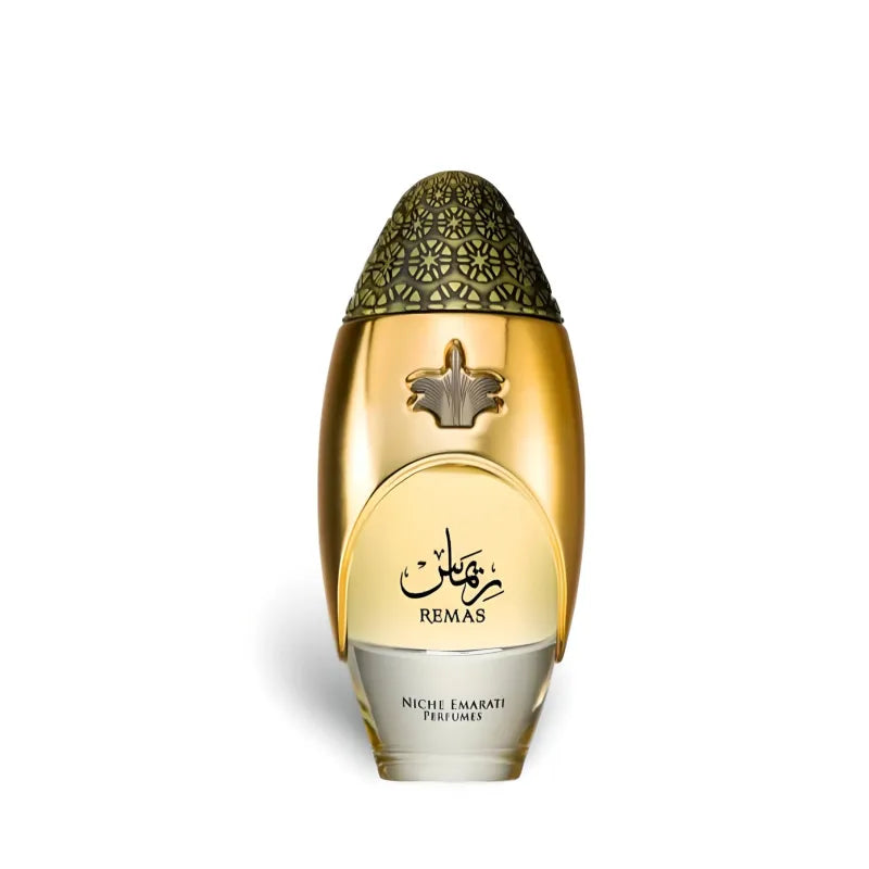 Gouden en witte parfumfles met een islamitisch decoratieve dop, Lattafa Remas EDP