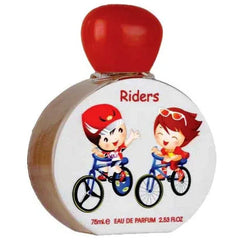 Lattafa Riders Eau de Parfum fles met cartoon fietsers, rode dop en label