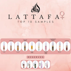 Lattafa Sample Set met 15 geurmonsters op een roze marmer achtergrond