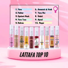 Tien parfumflessen op roze standaard met label Lattafa Top 10, Lattafa Sample Set