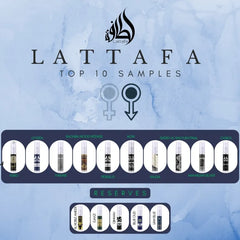 Labeled Lattafa Sample Set met vials in twee rijen en LATTAFA bovenaan