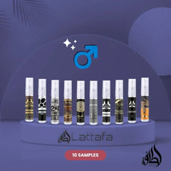 Lattafa Sample Set Top 10 Heren 2024 Q3 met Raghba Wood Intense vials in een rij