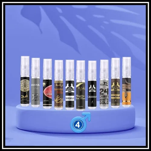 Tien glazen vials in de Lattafa Sample Set Top 10 Heren 2024 met Raghba Wood Intense