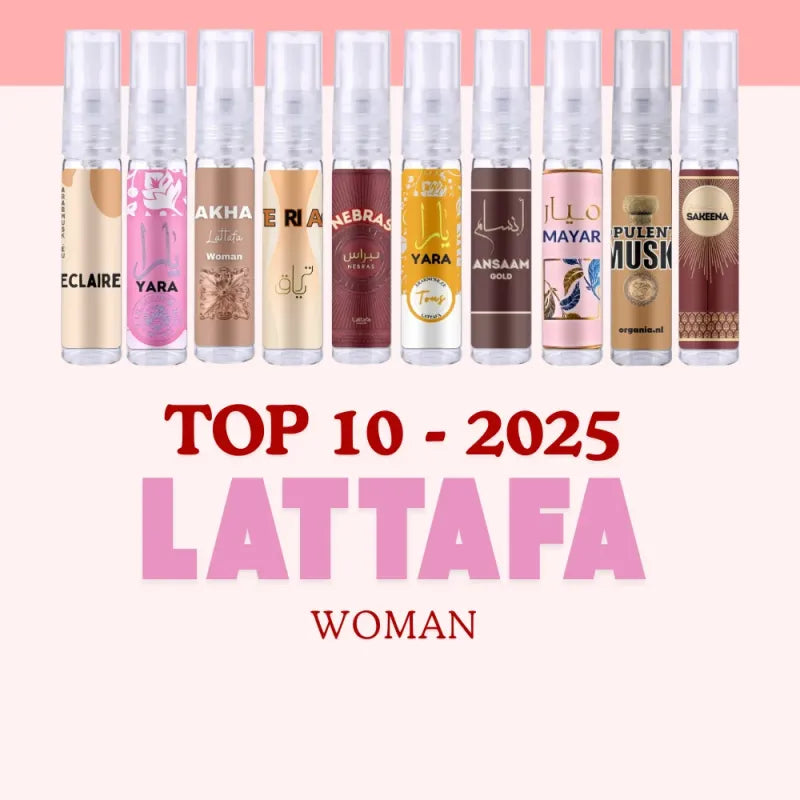 Tien parfum spray flessen uit de Lattafa Sampleset 2025 van Yara Fakhar