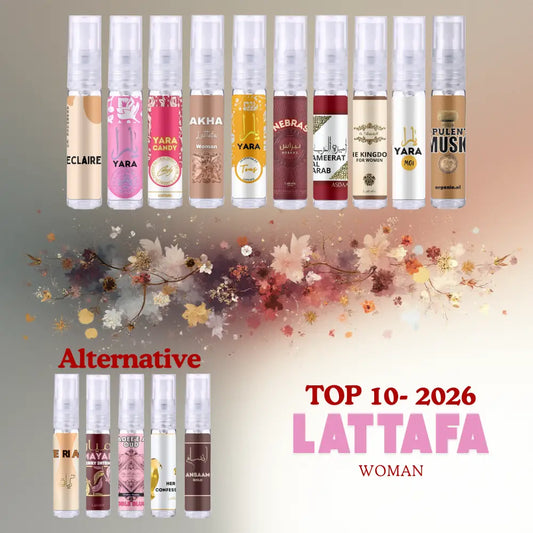 Een set van tien kleine transparante sprayflessen met kleurrijke labels van lattafa damesparfums 2026
