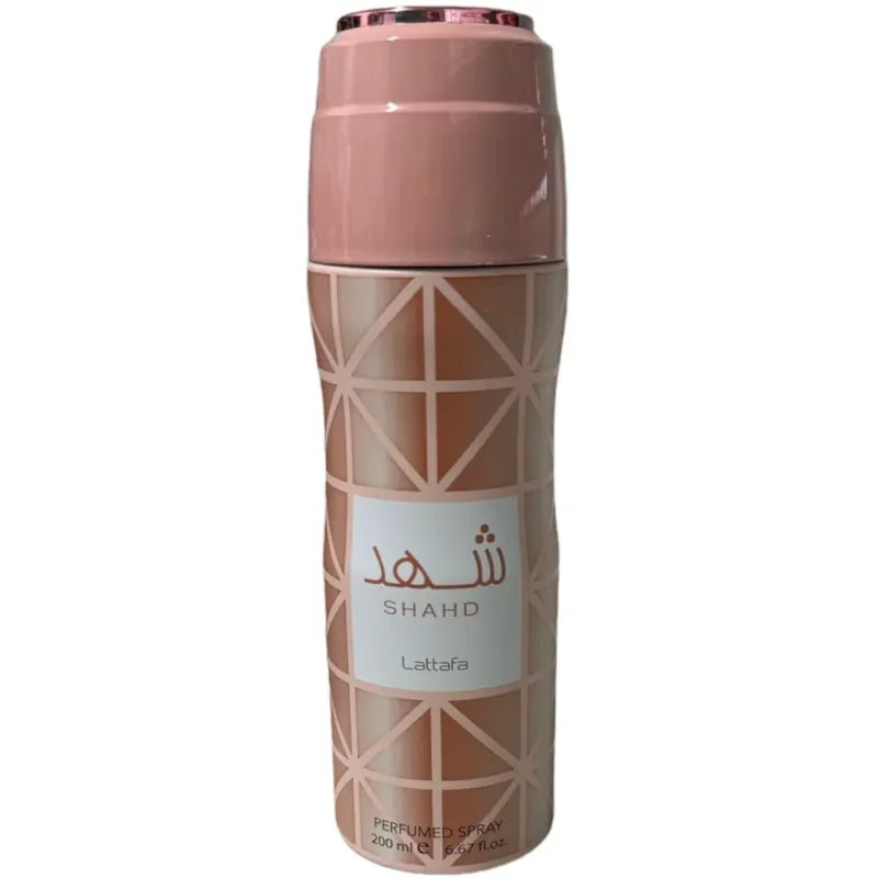 Roze en bruine geur sprayfles van Lattafa Shahd Body Spray 200ml