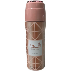 Roze en bruine geur sprayfles van Lattafa Shahd Body Spray 200ml