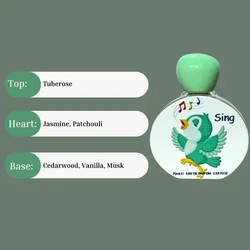 Groene vogelvormige Lattafa Sing 75ml kinderparfumfles met noten