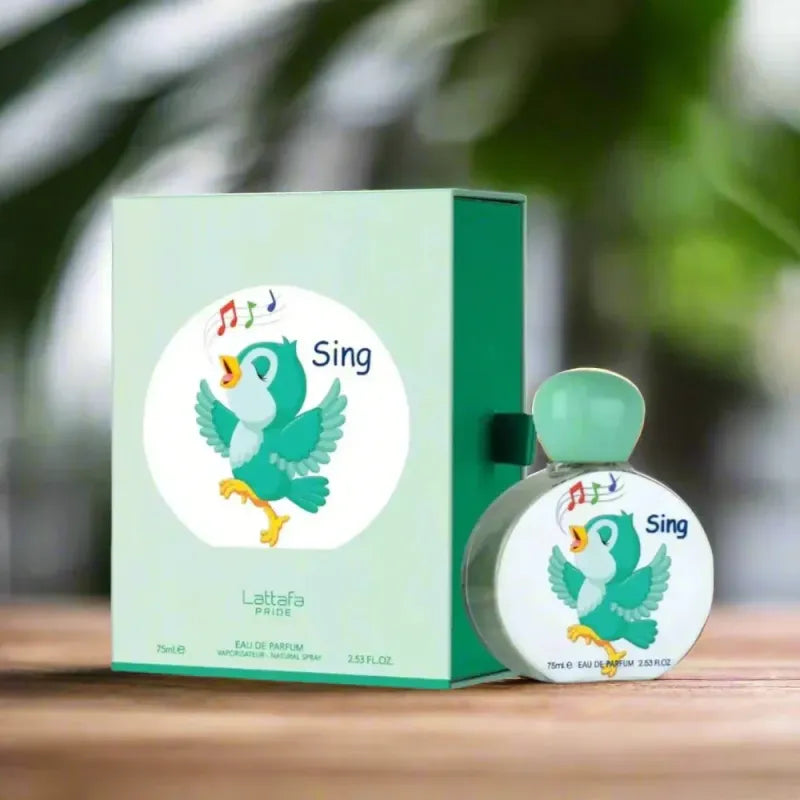 Groen vogelthema parfumfles en doos van Lattafa Sing 75ml Edp voor kinderen