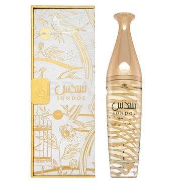 Een transparante glazen parfumfles met gouden dop en bladpatroon van Lattafa Sondos Edp