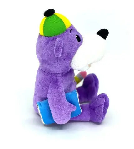 Paars knuffelbeer learn arabic with zaky speelgoed met groene en gele pet die blauwe boeken vasthoudt