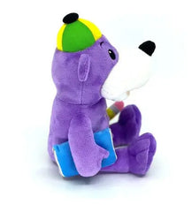 Paars knuffelbeer learn arabic with zaky speelgoed met groene en gele pet die blauwe boeken vasthoudt