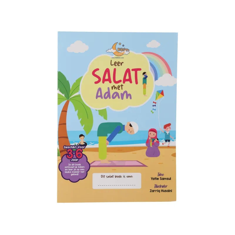 Kinderboekcover Leer Salah met Adam, kleurrijke illustraties op het strand met een regenboog