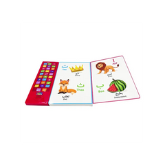 Rood interactief educatief boek met dierenillustraties en knoppen voor Arabisch leren