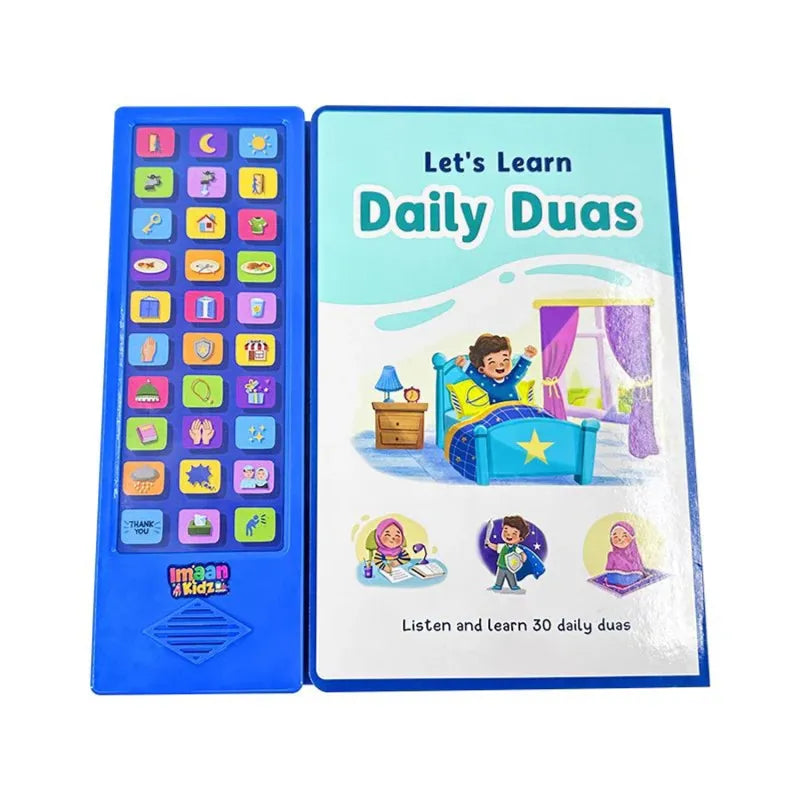 Blauw interactief leerboek voor dagelijkse doa’s uit Lets Learn Daily Duas Soundbook iMaankidz