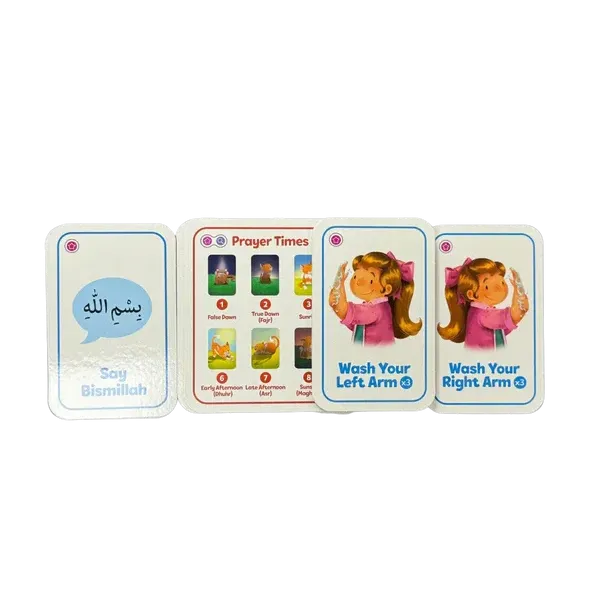 Set van vier kleurrijke illustratieve islamitische gebedsinstructiekaarten met tweetekst voor kinderen lets pray the fun salah game