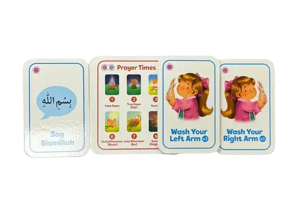 Set van vier kleurrijke illustratieve islamitische gebedsinstructiekaarten met tweetekst voor kinderen lets pray the fun salah game